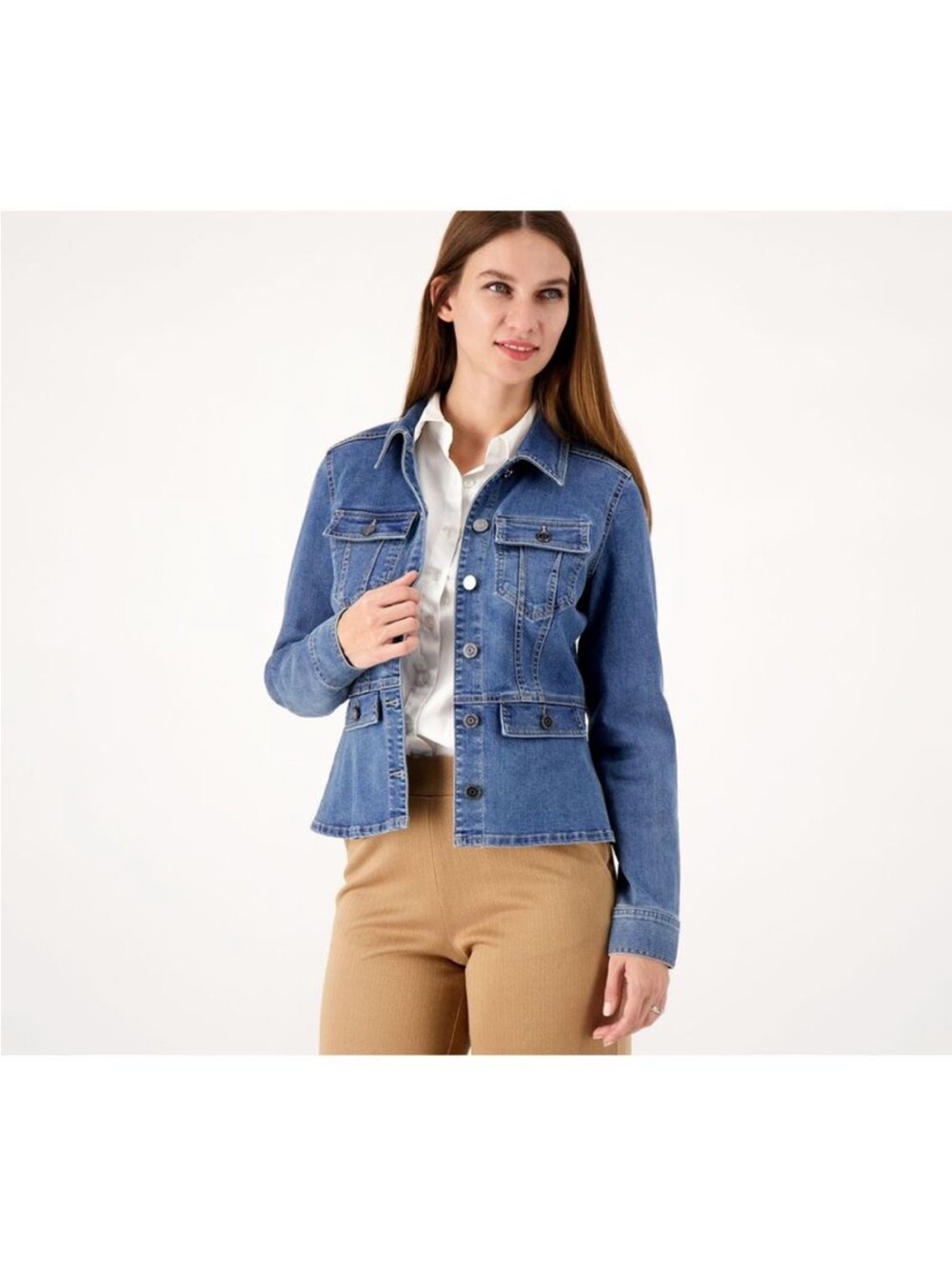 Susan Graver Denim Peplum Jacket Women’s XL Button Front Stretch Lightweight